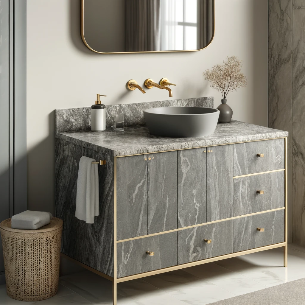 Modern bathroom featuring a granite bathroom vanity with a grey granite countertop and speckled veining, integrated oval sink, elegant gold faucets, matching granite backsplash, and sophisticated decor.